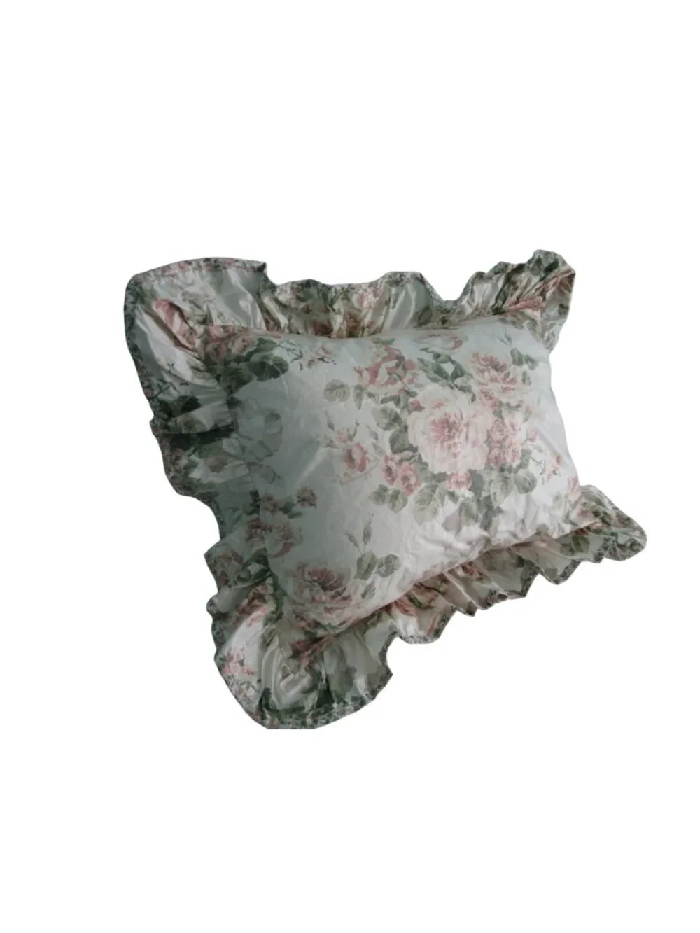 Chintz Floral Ruffled Pillow Sham Standard  Vintage Cottagecore Style Cotton Ble